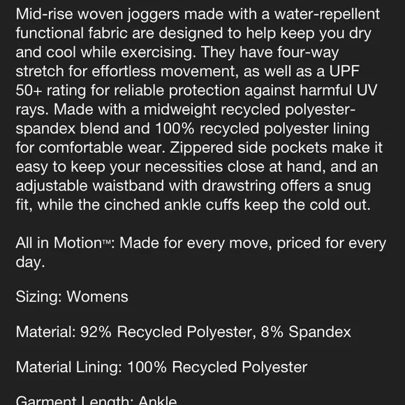 Woman’s All In Motion Lined Woven Joggers Size XS - Picture 3 of 13